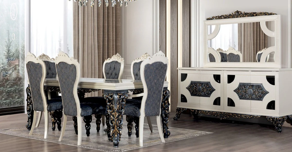Luxury Baroque Dining Room Set Blue / White / Bronze / Gold - 1 Baroque Dining Table & 6 Baroque Dining Room Chairs - Baroque Dining Room Furniture - Luxury Furniture in Baroque Style - Noble & Magnificent
