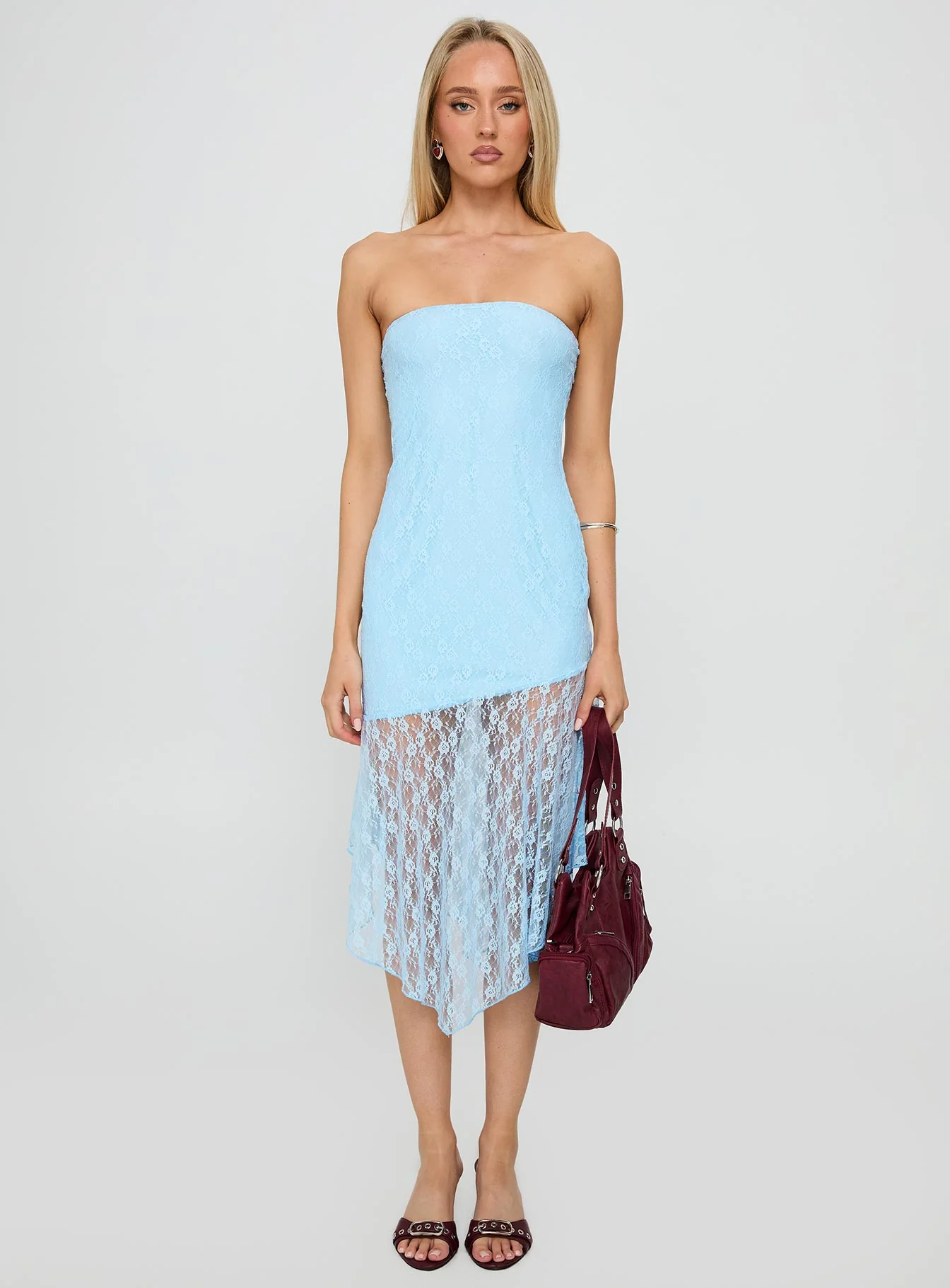 Nonchalant Strapless Lace Midi Dress Blue