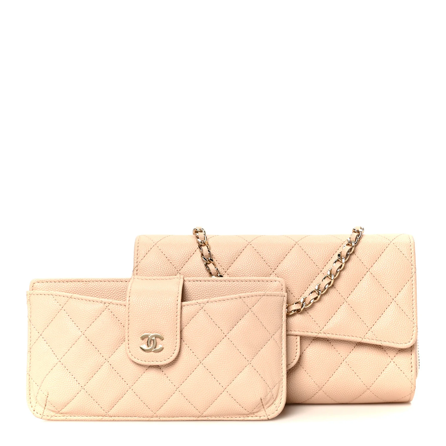 Caviar Quilted Phone Holder Wallet on Removable Chain Light Beige