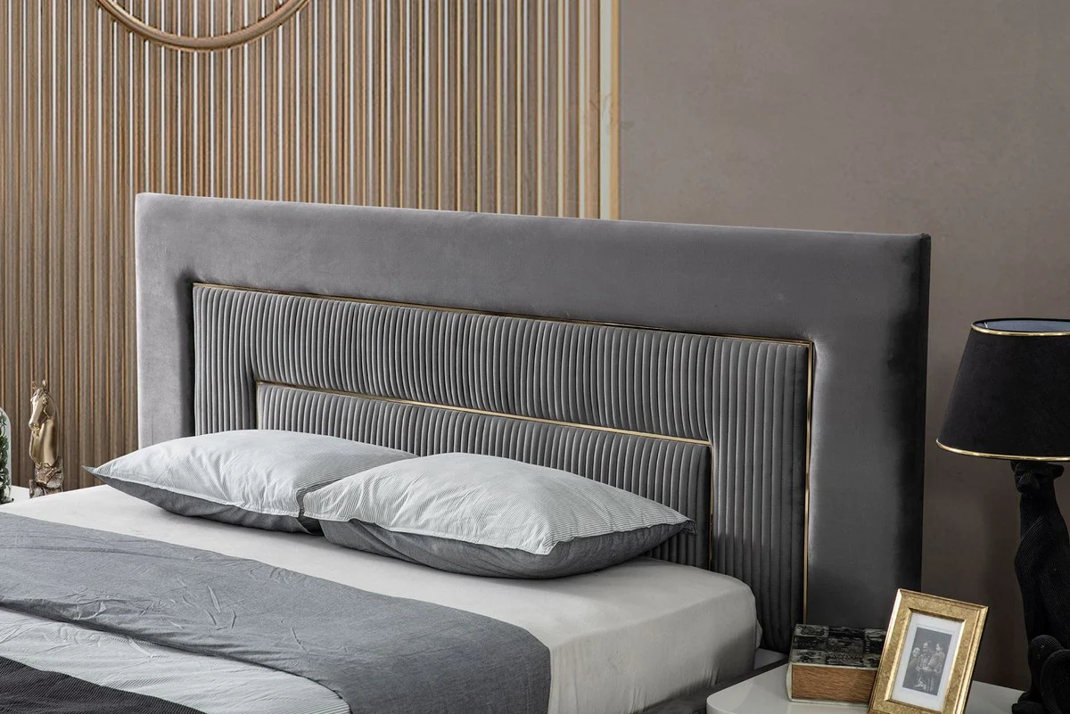 Luxury Bedroom Set Gray / White / Gold - 1 double bed with headboard & 2 bedside tables - Bedroom Furniture - Luxury Collection