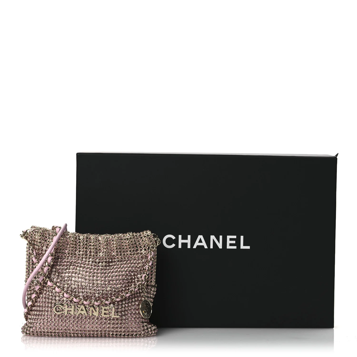 Crystal Embellished Metallic Lambskin Mini Chanel 22 Light Pink - Top Club