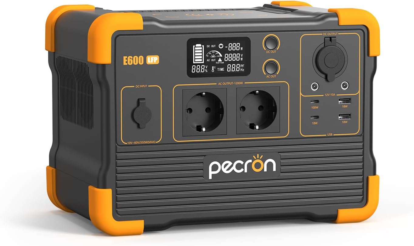 pecron Generatore solare portatile E600LFP, 614 Wh LiFeP04 batteria 1200 W CA uscite generatore di corrente per viaggio/campeggio/attività all'aperto/emergency (E600LFPEU)