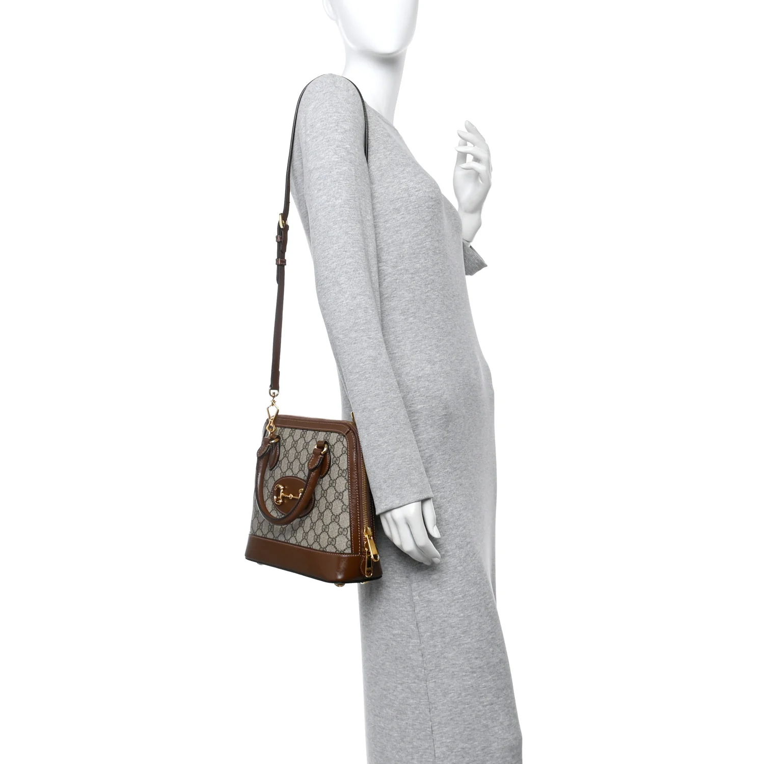 GG Supreme Monogram Azalea Calfskin Small Horsebit 1955 Top Handle Bag Beige Ebony Brown Sugar