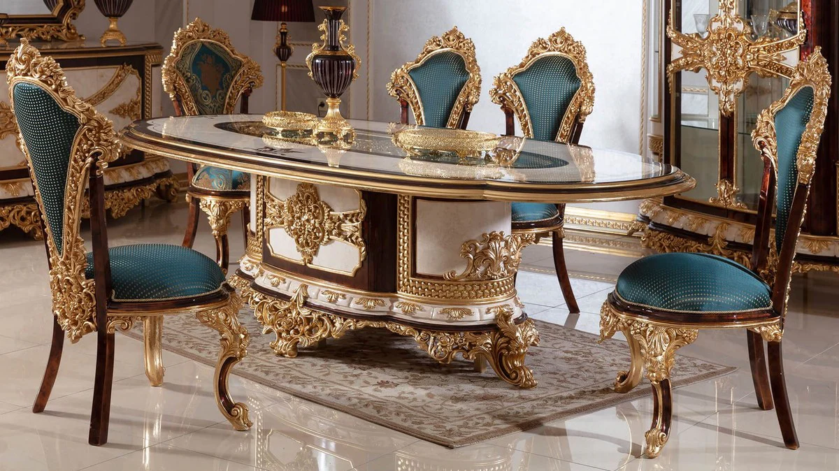 Luxury Baroque Dining Room Set White / Brown / Blue / Gold - 1 Baroque Dining Table & 6 Baroque Dining Chairs - Baroque Dining Room Furniture - Noble & Magnificent