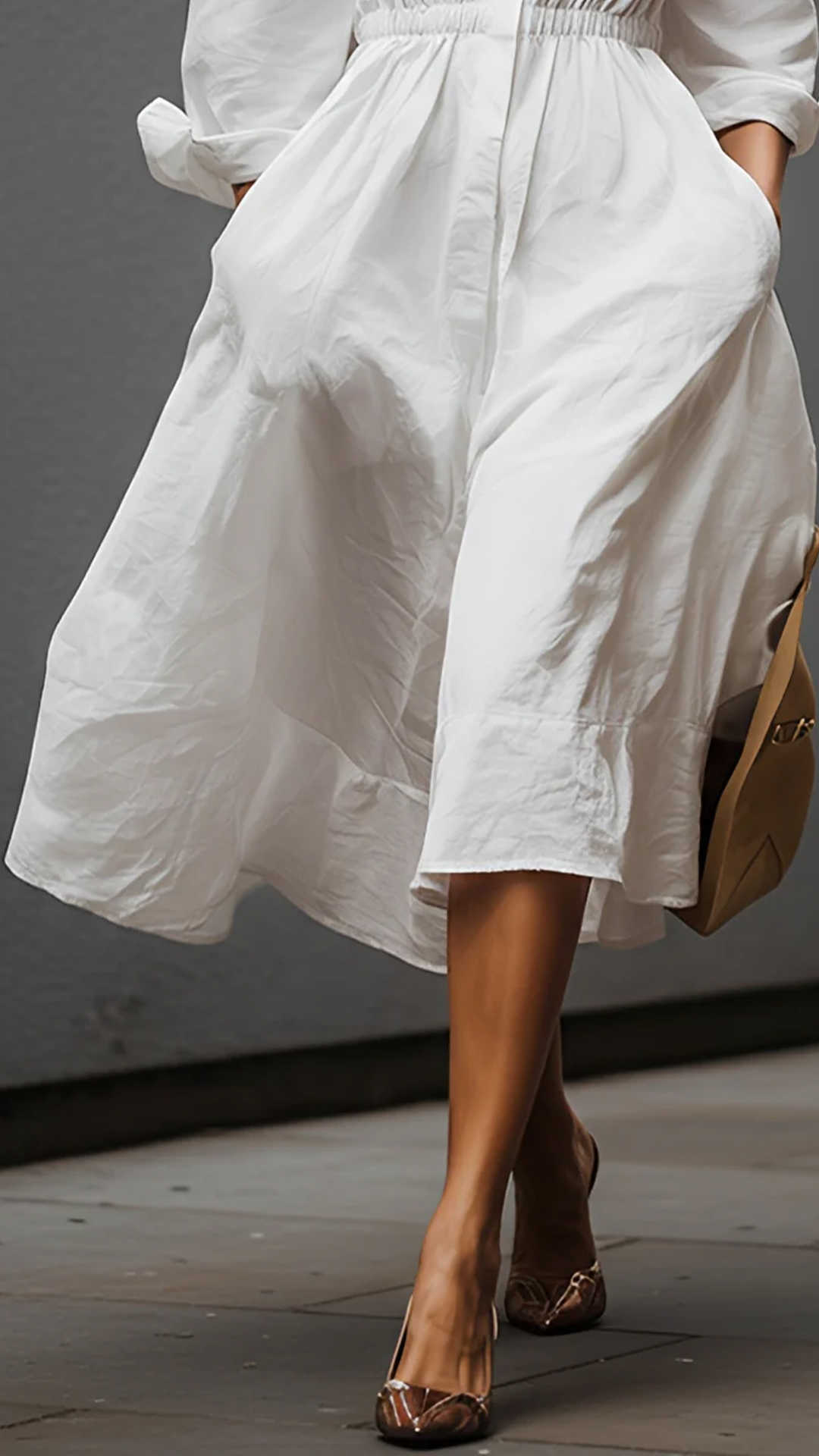 White Shirt-Collar Dress with Elastic Waist - Nordfashionstorm - Women's Clothing, Fashion for You - Nordfashionstorm.com