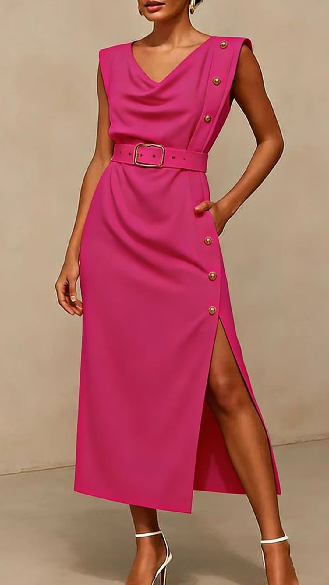 Women's Cotton‑blend Off Cowl‑neck Sleeveless Belt‑waist Slit Midi Dress - Nordfashionstorm - Women's Clothing, Fashion for You - Nordfashionstorm.com
