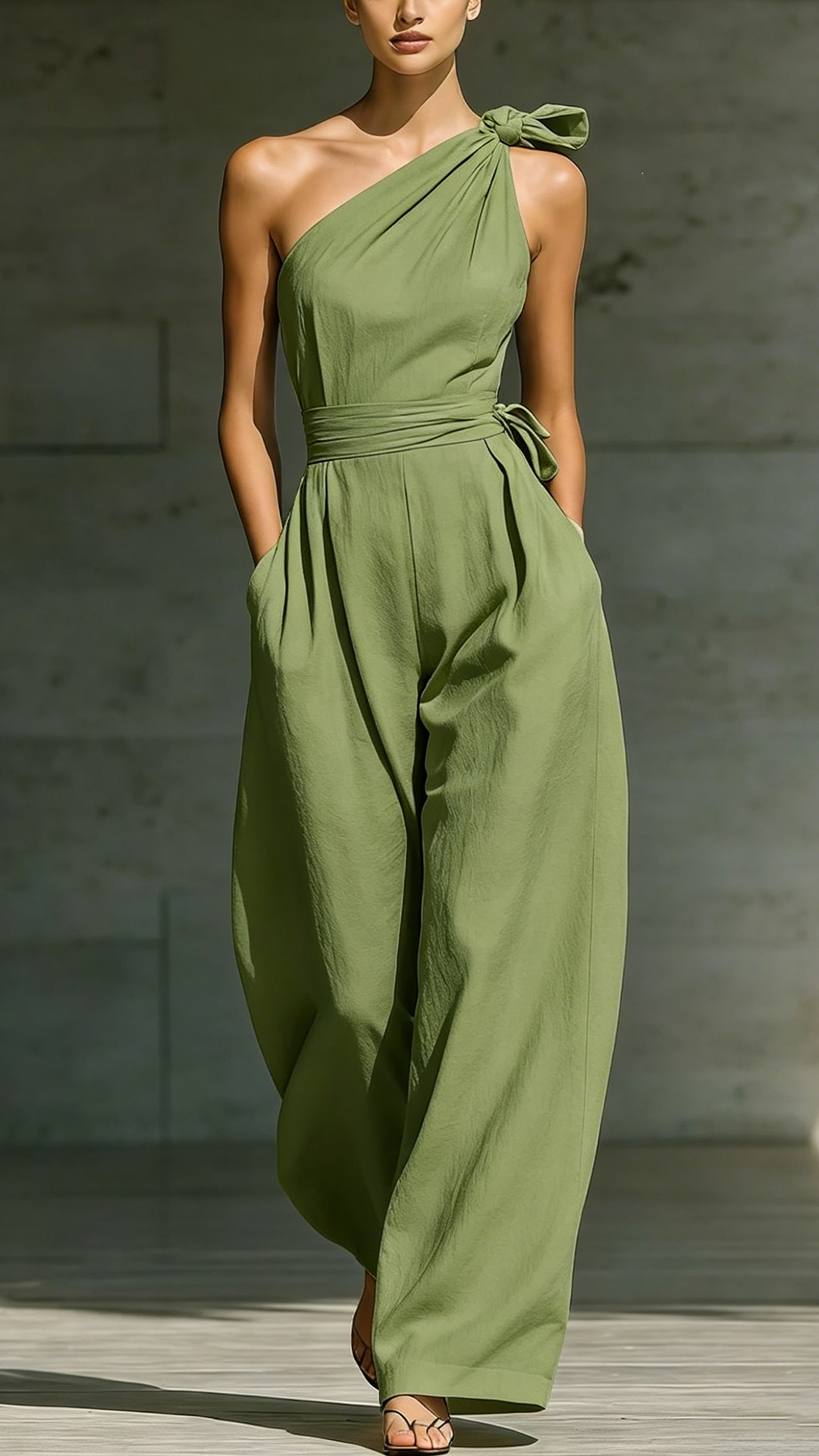 Women's Cotton‑blend  One‑shoulder Bow‑decorated Tie‑waist Wide‑leg Jumpsuit - Nordfashionstorm - Women's Clothing, Fashion for You - Nordfashionstorm.com