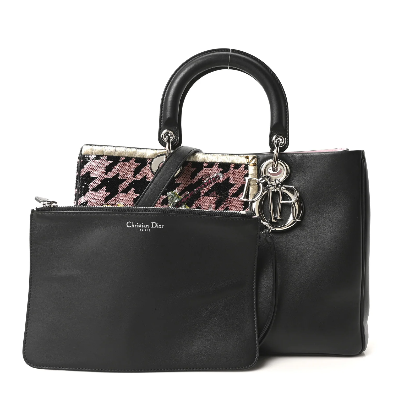 Smooth Calfskin Sequin Houndstooth Embroidered Medium Diorissimo Black - Top Club