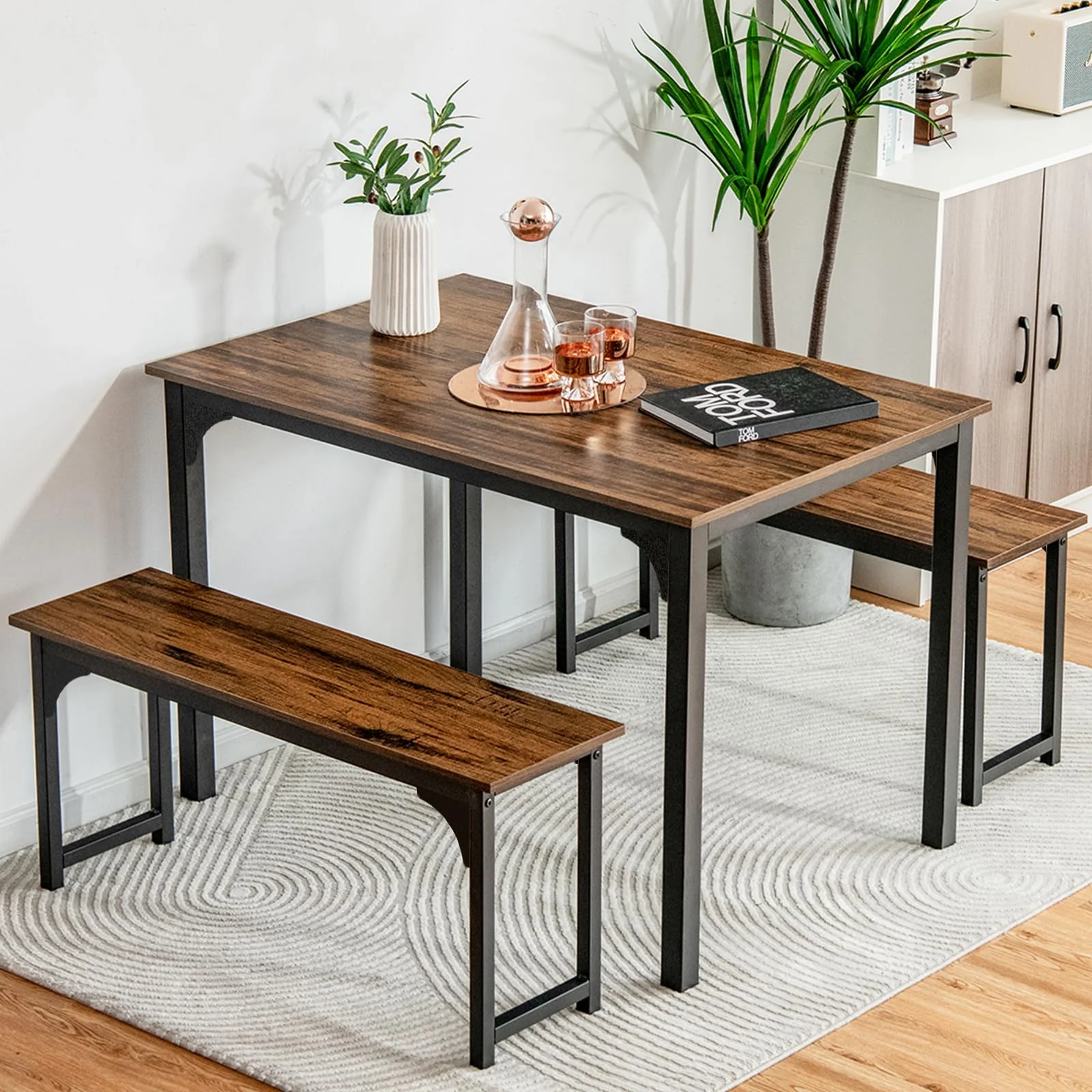 BEFOUNDLOVELY Dining Table Set for 4, 3-Piece Kitchen Table with 2 Benches