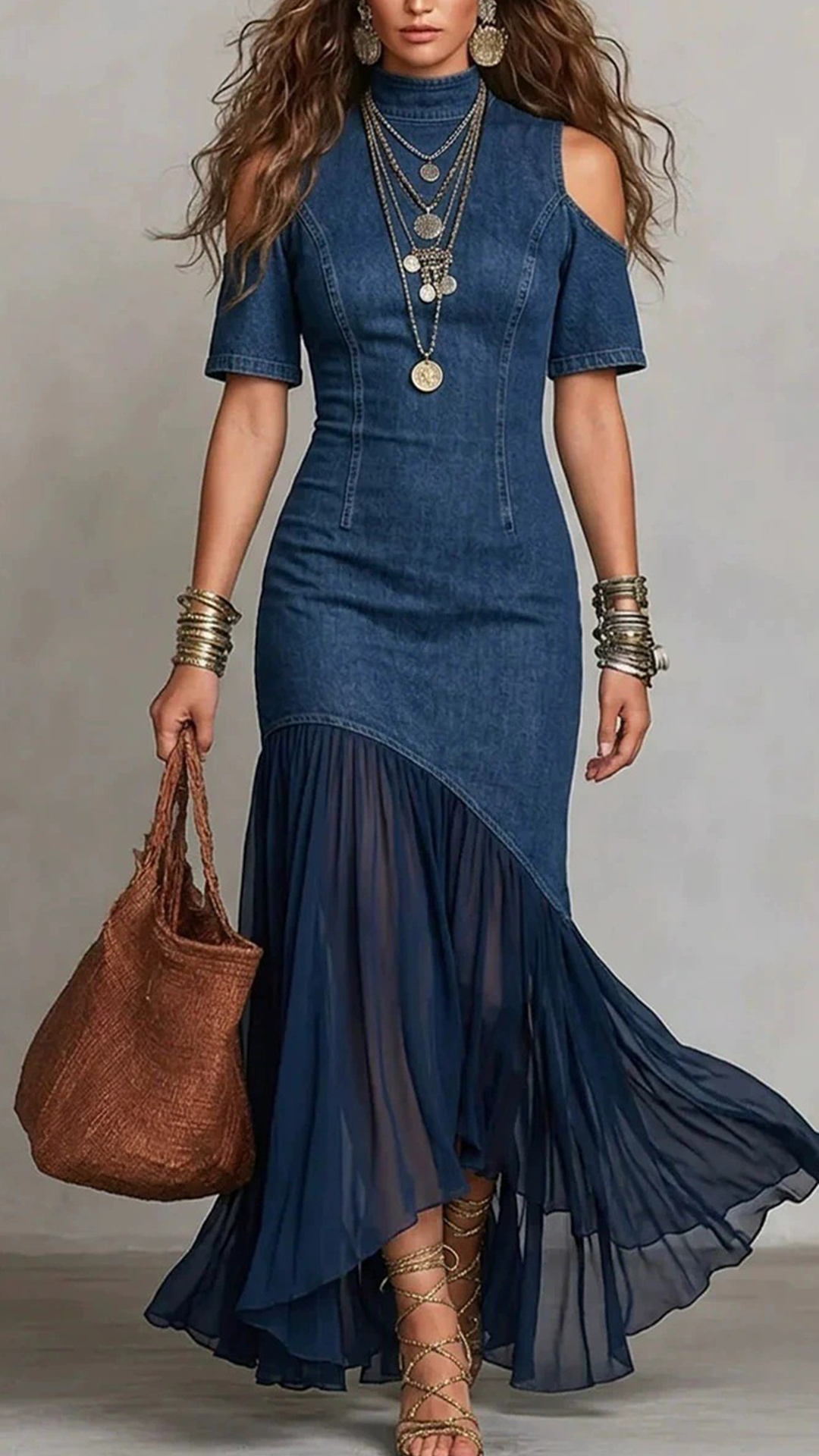 Women's Cotton-blend Imitation Denim Spliced Cold‑shoulder Short‑sleeve Waist‑cinched Irregular Maxi Dress - Nordfashionstorm - Women's Clothing, Fashion for You - Nordfashionstorm.com