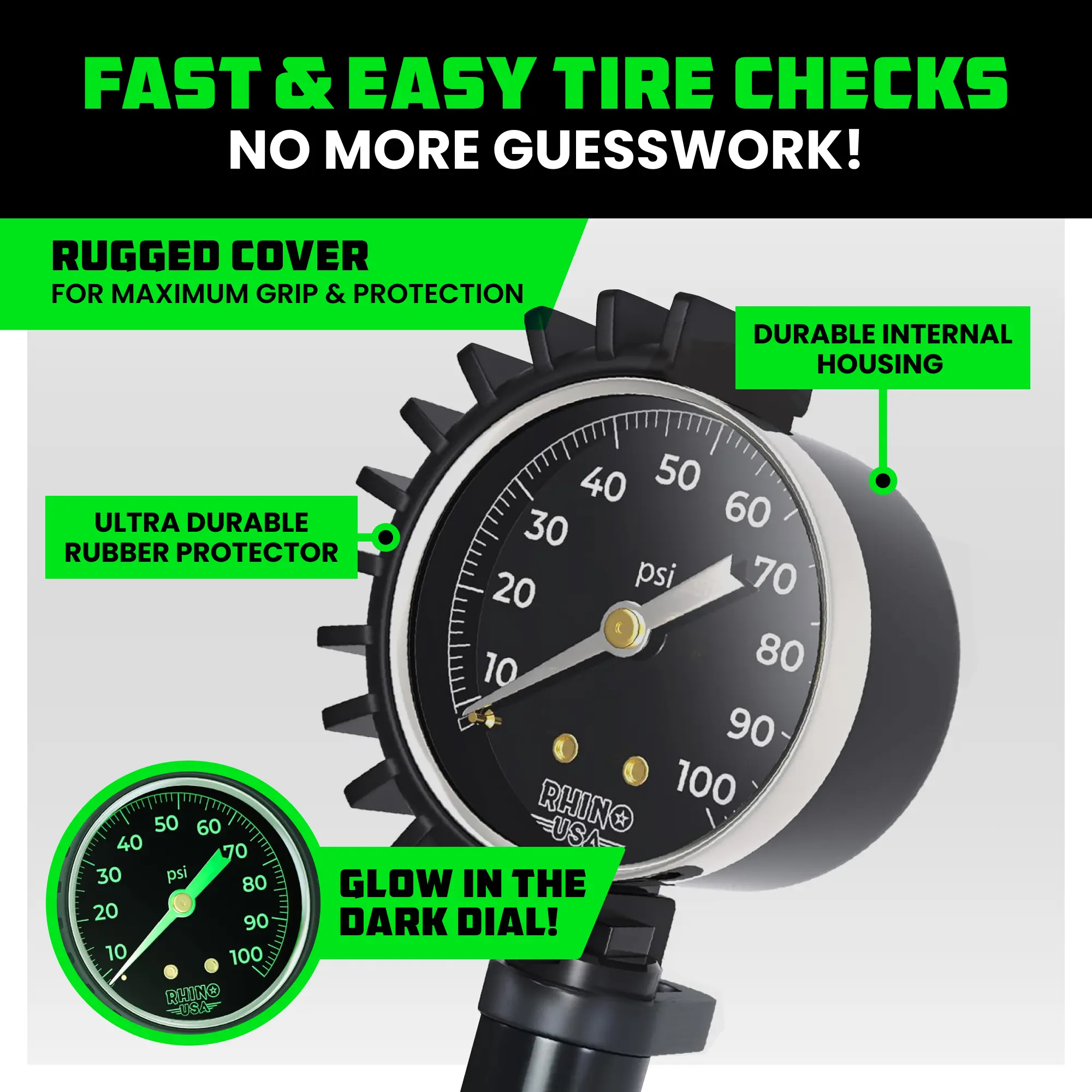 Rhino USA Tire Pressure Gauge with Inflator (0-100 PSI) - Heavy Duty Air Chuck and Compressor Accessories