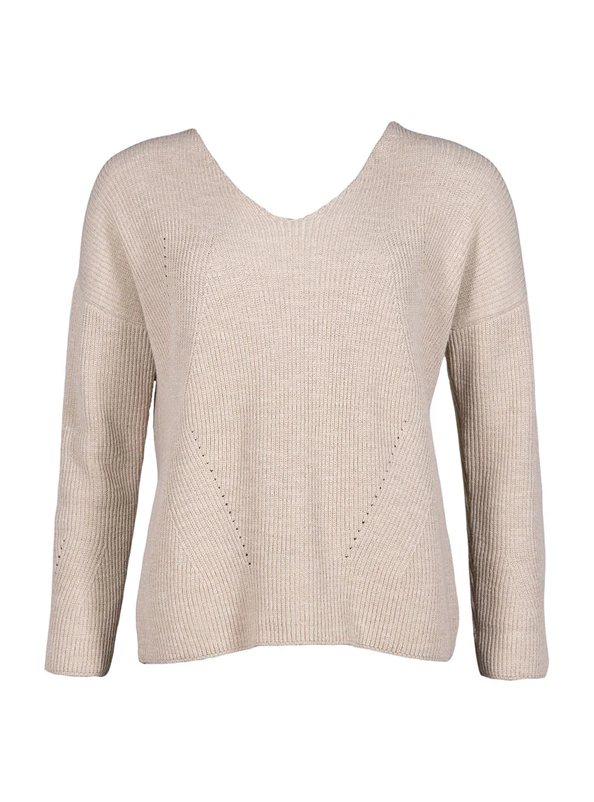 Pull femme maille ajourée coton beige lin