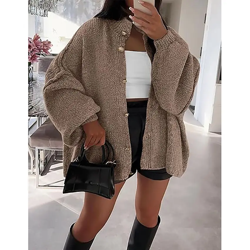 PrettyGarden Women's Winter Button Down Cardigan Sweaters Mock Neck Lantern Long Sleeve Chunky Knit Jacket Trendy Outerwear