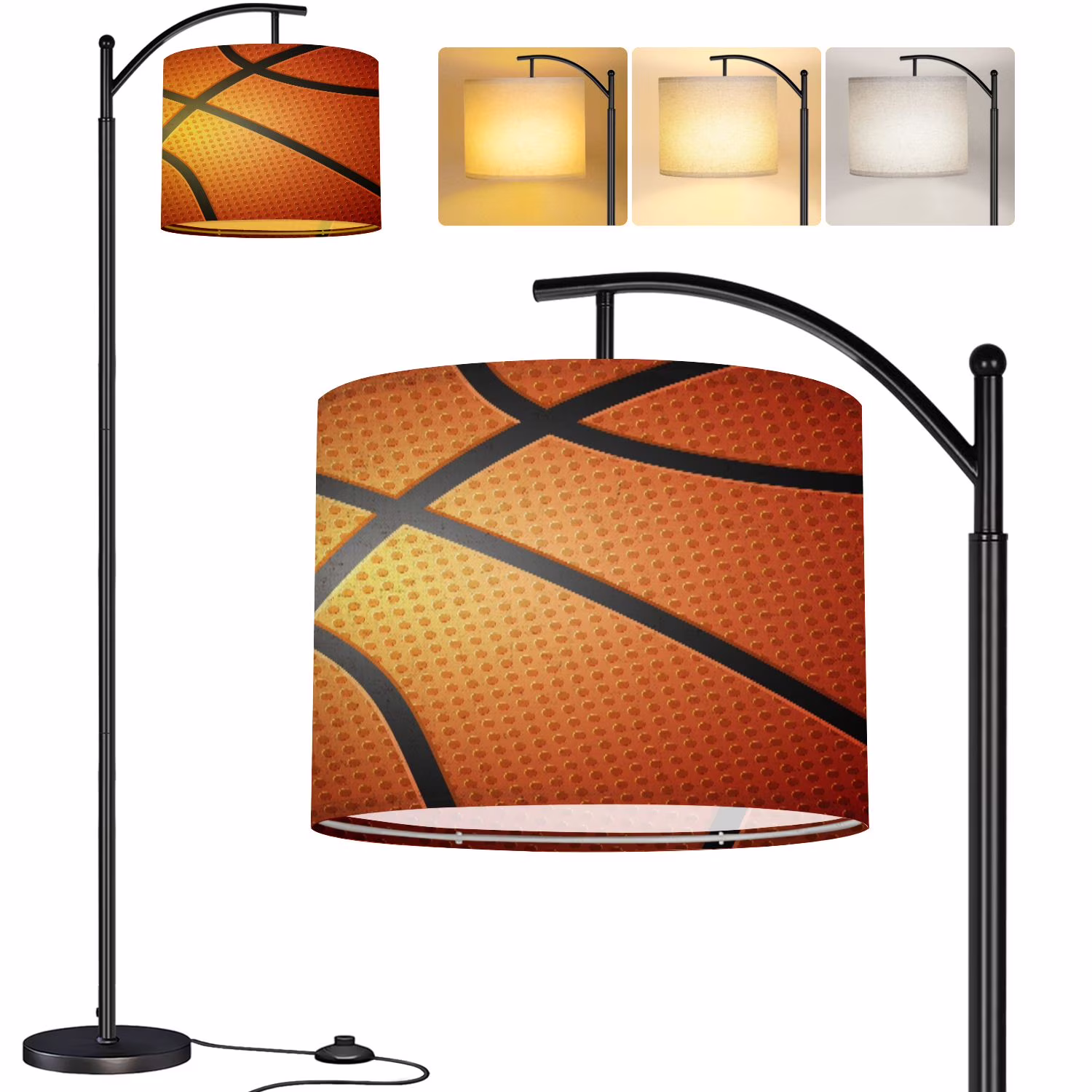 Arc Floor Lamp Basketball ball detail leather texture Tall Modern Standing Lamp LED Adjustable Linen Lampshade 3 Color Temperatures