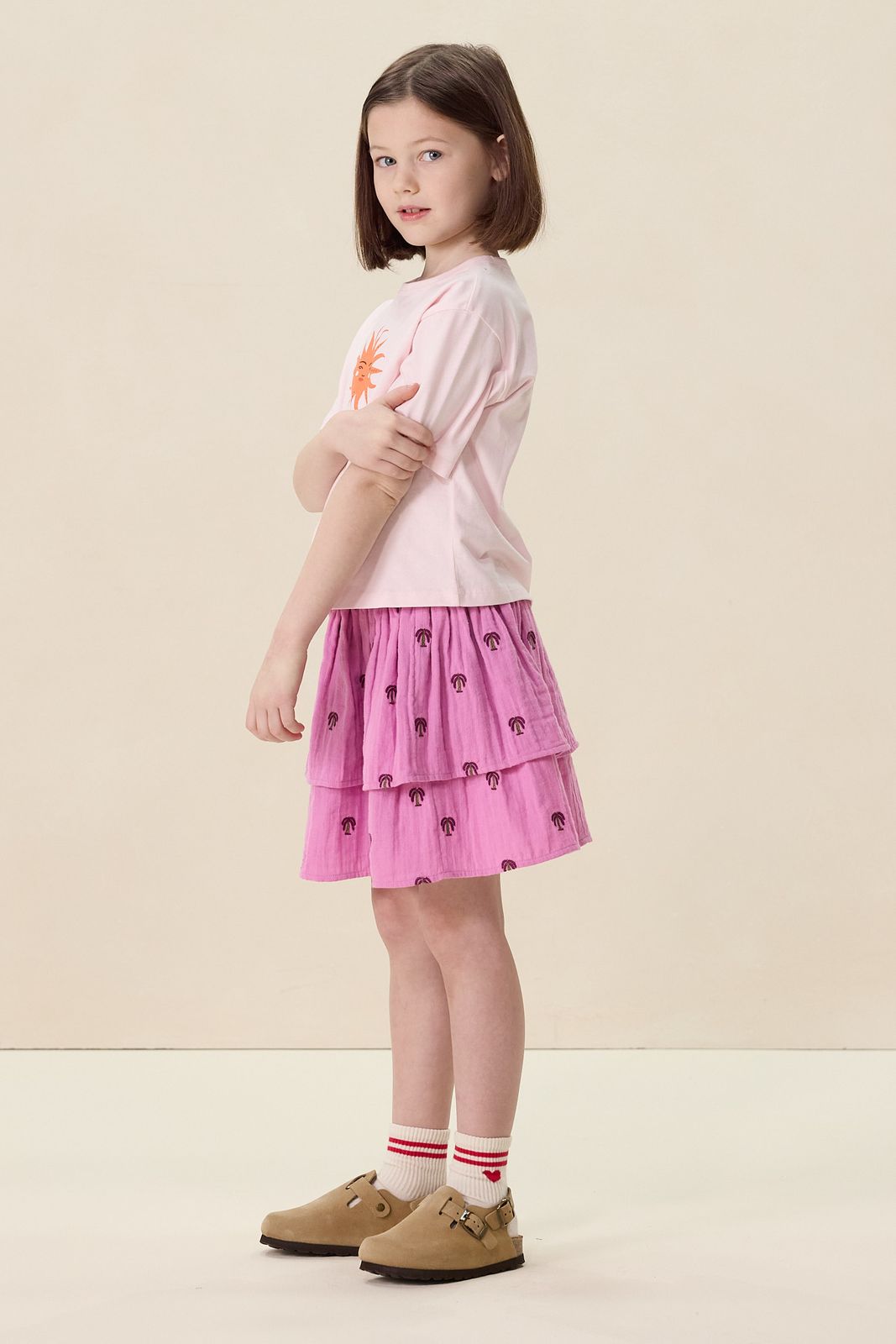 Roze ruffle rok met palmboom print