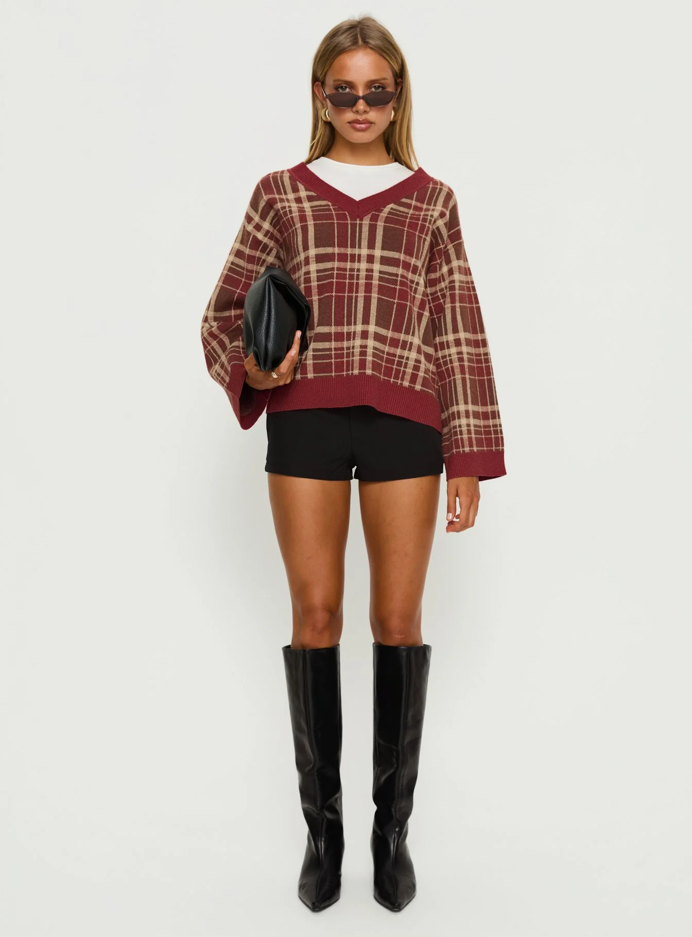Sydda V Neck Knit Sweater Red Plaid