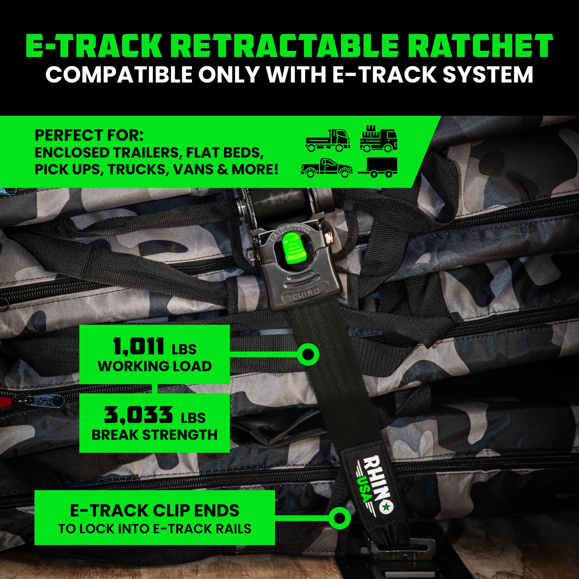 Rhino USA 2”x10’ Retractable E-Track Ratchet Straps: 3033lb Max Break Strength Compatible with E Track Rail Systems only