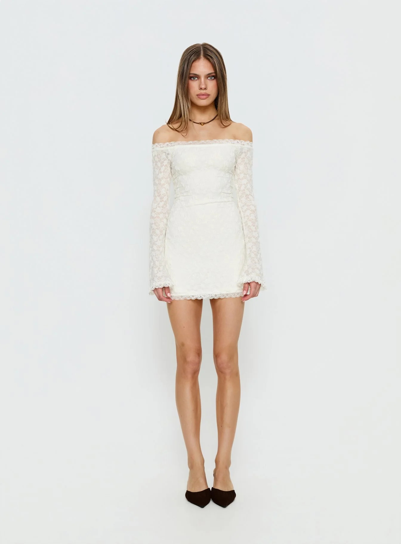 Avenues Long Sleeve Lace Mini Dress White