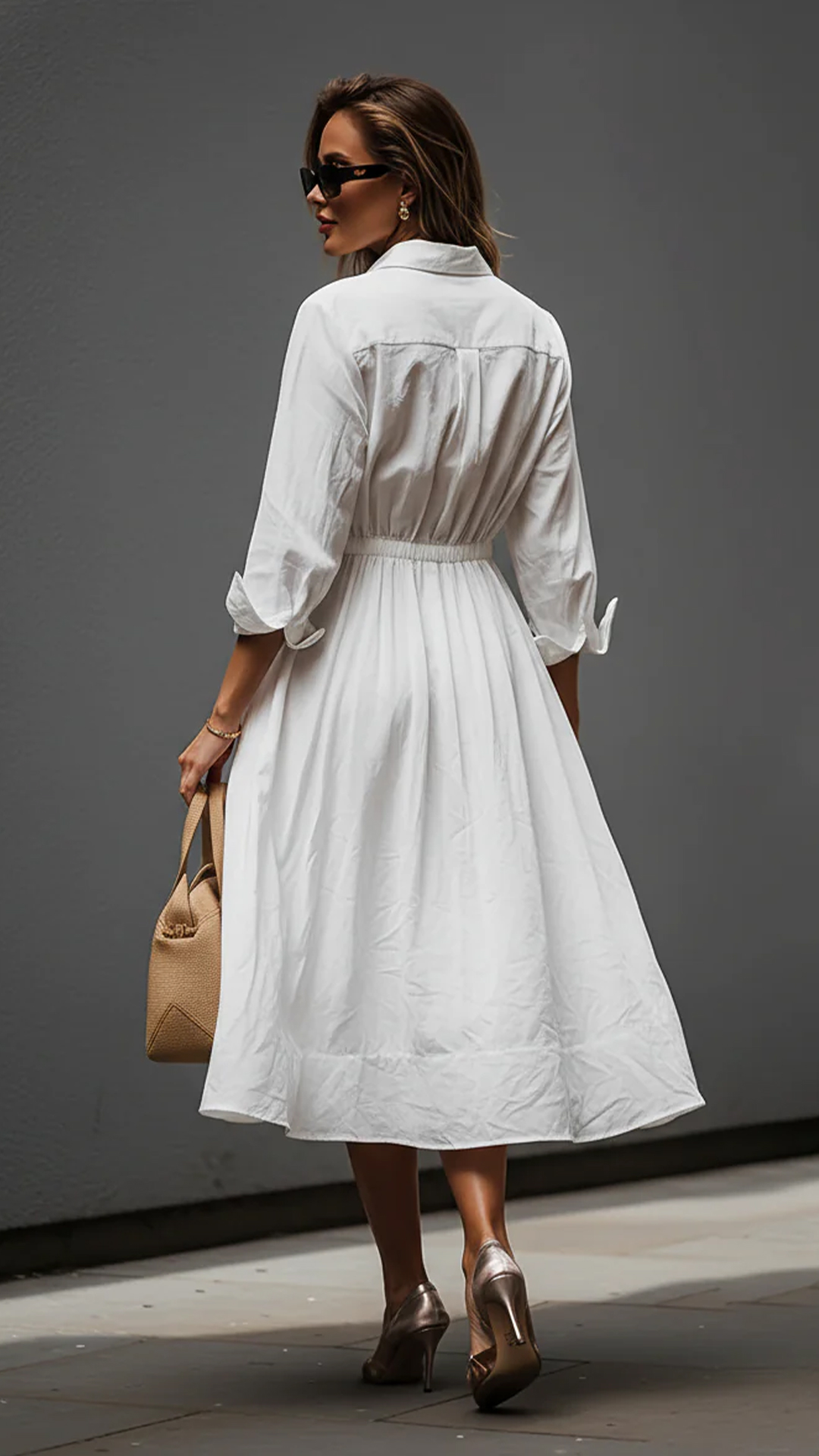 White Shirt-Collar Dress with Elastic Waist - Nordfashionstorm - Women's Clothing, Fashion for You - Nordfashionstorm.com