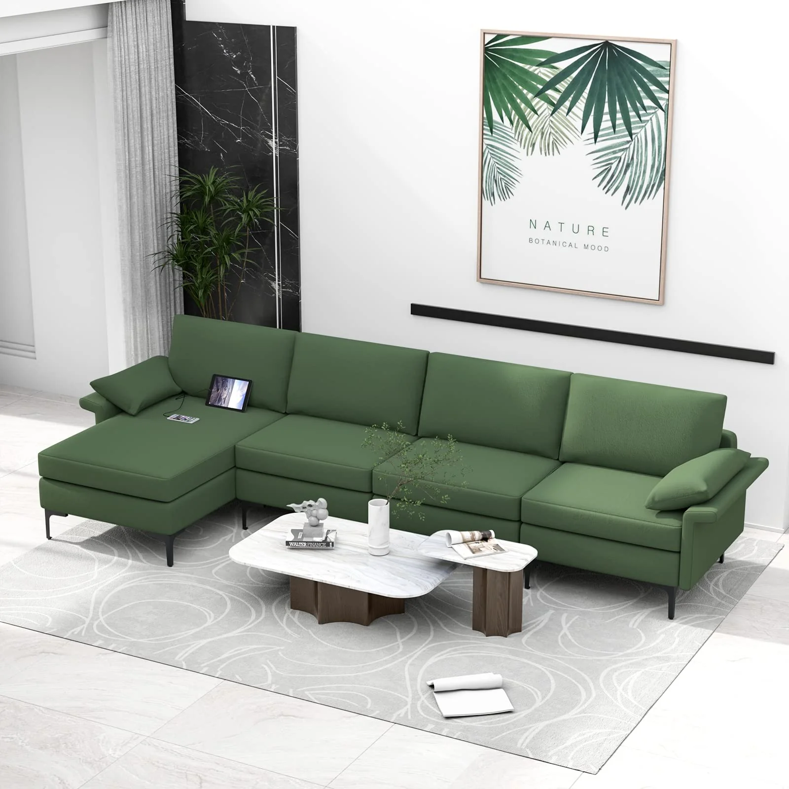 BEFOUNDLOVELY 130.5 Inch Extra Large Convertible Sectional Sofa with Reversible Chaise Lounge, 3-Hole Outlets & 4 USB Ports