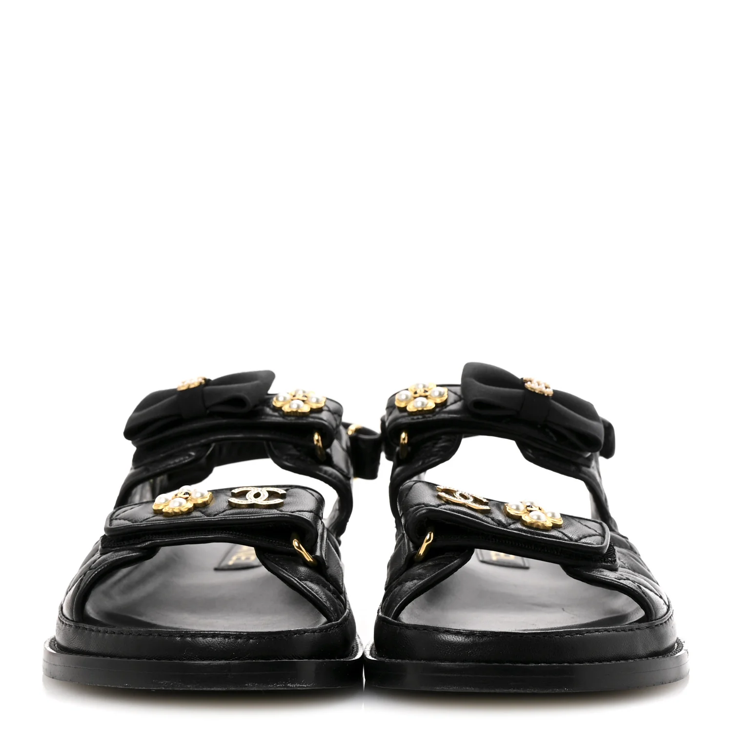 Lambskin Velcro CC Pearl Bow Dad Sandals 38 Black - Top Club