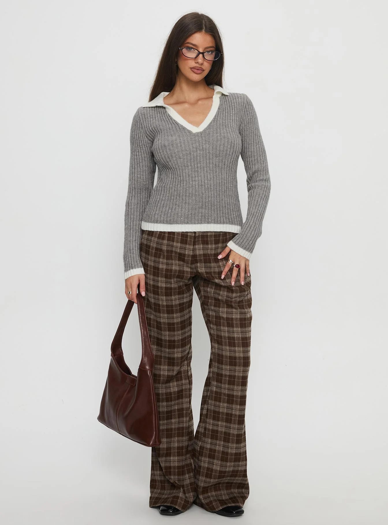 Emiroki Straight Leg Pants Brown Check