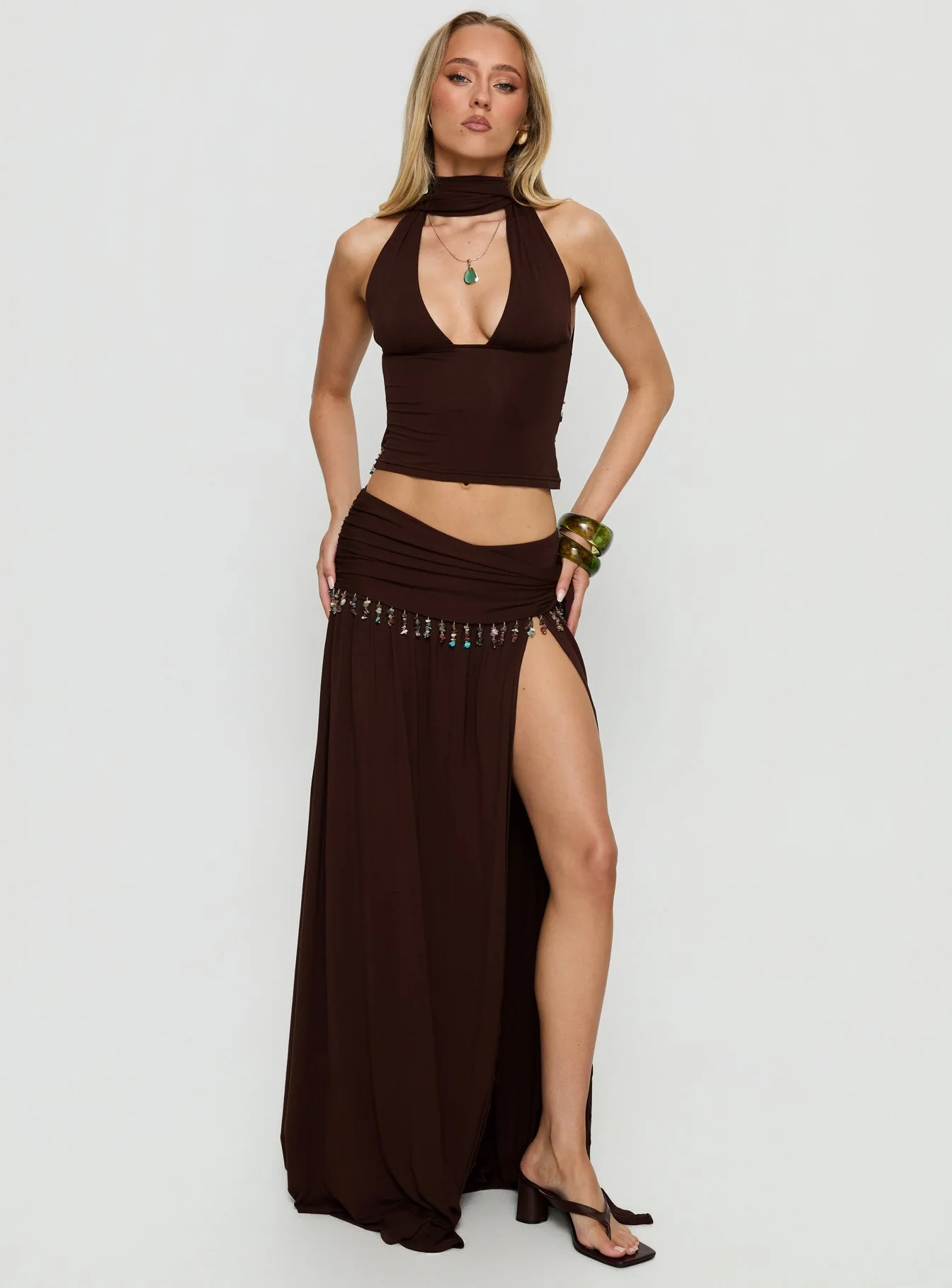 Spirita Beaded Sarong Maxi Skirt Brown