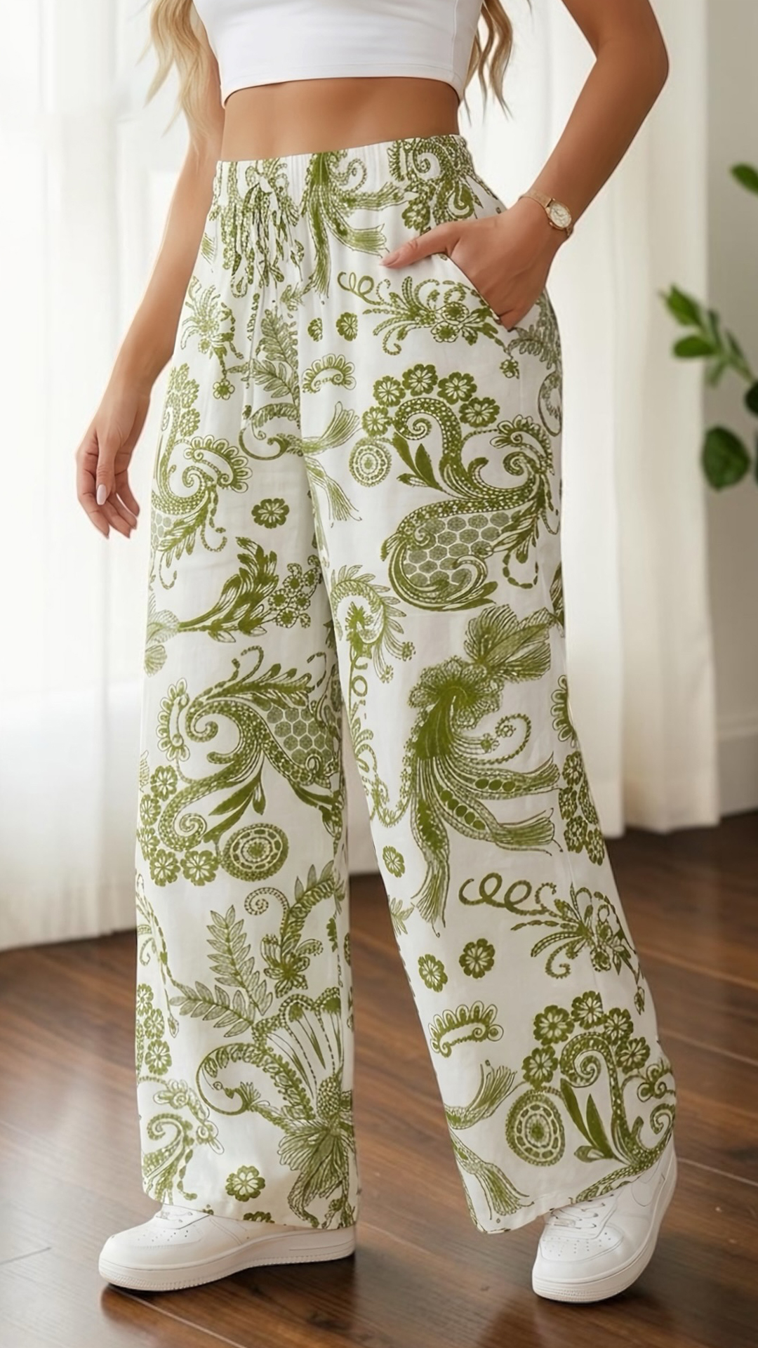 Women's  Elastic Waist Retro Print Loose Wide Leg Polyester Pants - Nordfashionstorm - Women's Clothing, Fashion for You - Nordfashionstorm.com