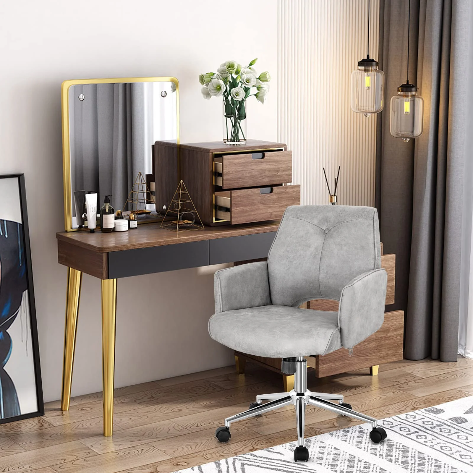 BEFOUNDLOVELY Home Office Desk Chair, Faux Leather Desk Chair with Wheels and Armrests, Height Adjustable