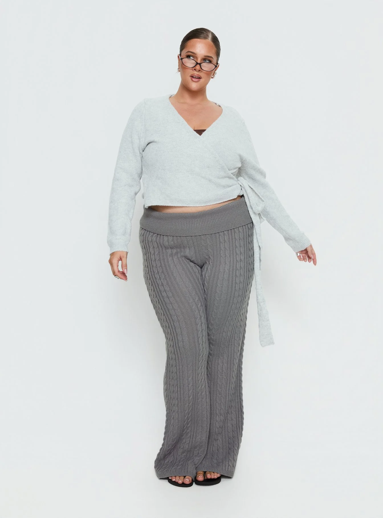 Baleigh Cable Knit Foldover Pants Grey Curve