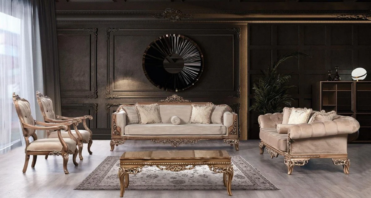 Luxury Baroque Living Room Set Gray / Brown - 2 Baroque Sofas & 2 Baroque Armchairs & 1 Baroque Coffee Table - Baroque Living Room & Hotel Furniture - Noble & Magnificent