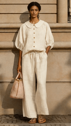 Plus Size Friendly New Arrivals🔥Stylish Peter Pan Collar Shirt And Wide-leg Pant Linen Two-piece Set - Nordfashionstorm - Women's Clothing, Fashion for You - Nordfashionstorm.com