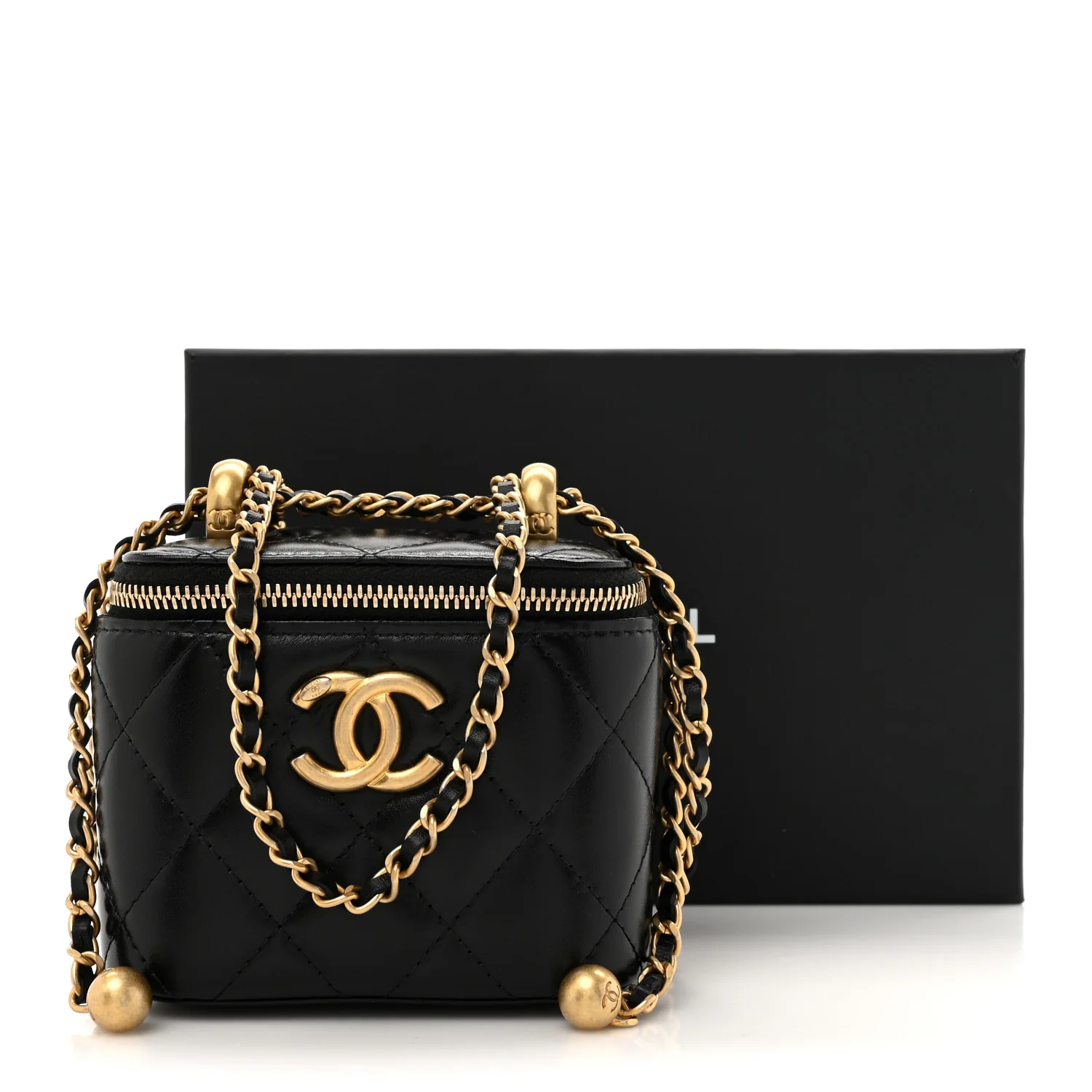 Calfskin Quilted Mini Perfect Fit Vanity Case With Chain Black - Top Club