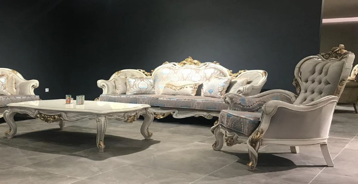 Luxury Baroque Living Room Set Gray / Turquoise / White / Gold - 2 Baroque Sofas with Pattern & 2 Baroque Armchairs with Pattern & 1 Baroque Coffee Table - Baroque Living Room Furniture