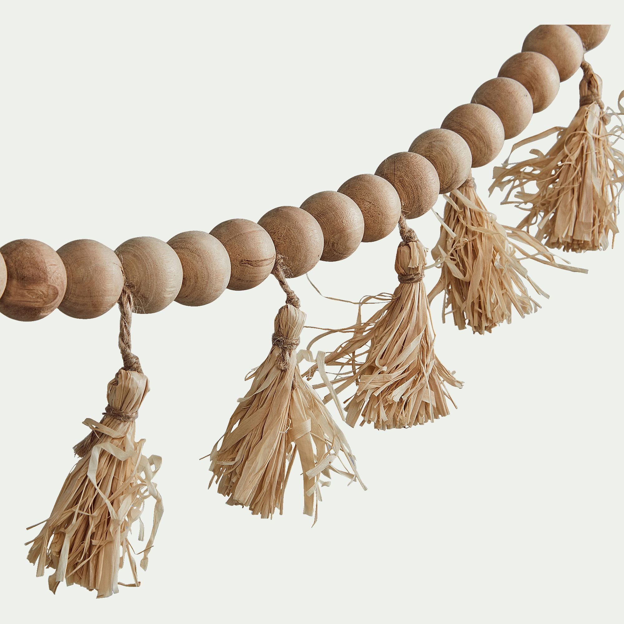 TAHA - Guirlande perles de bois et pompons en raphia - naturel L155cm