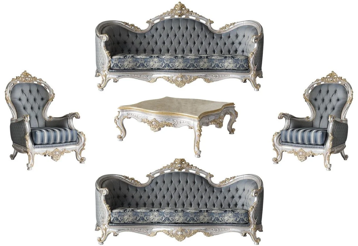 Luxury baroque living room set gray / blue / silver / gold - 2 sofas & 2 armchairs & 1 coffee table - magnificent living room furniture in baroque style