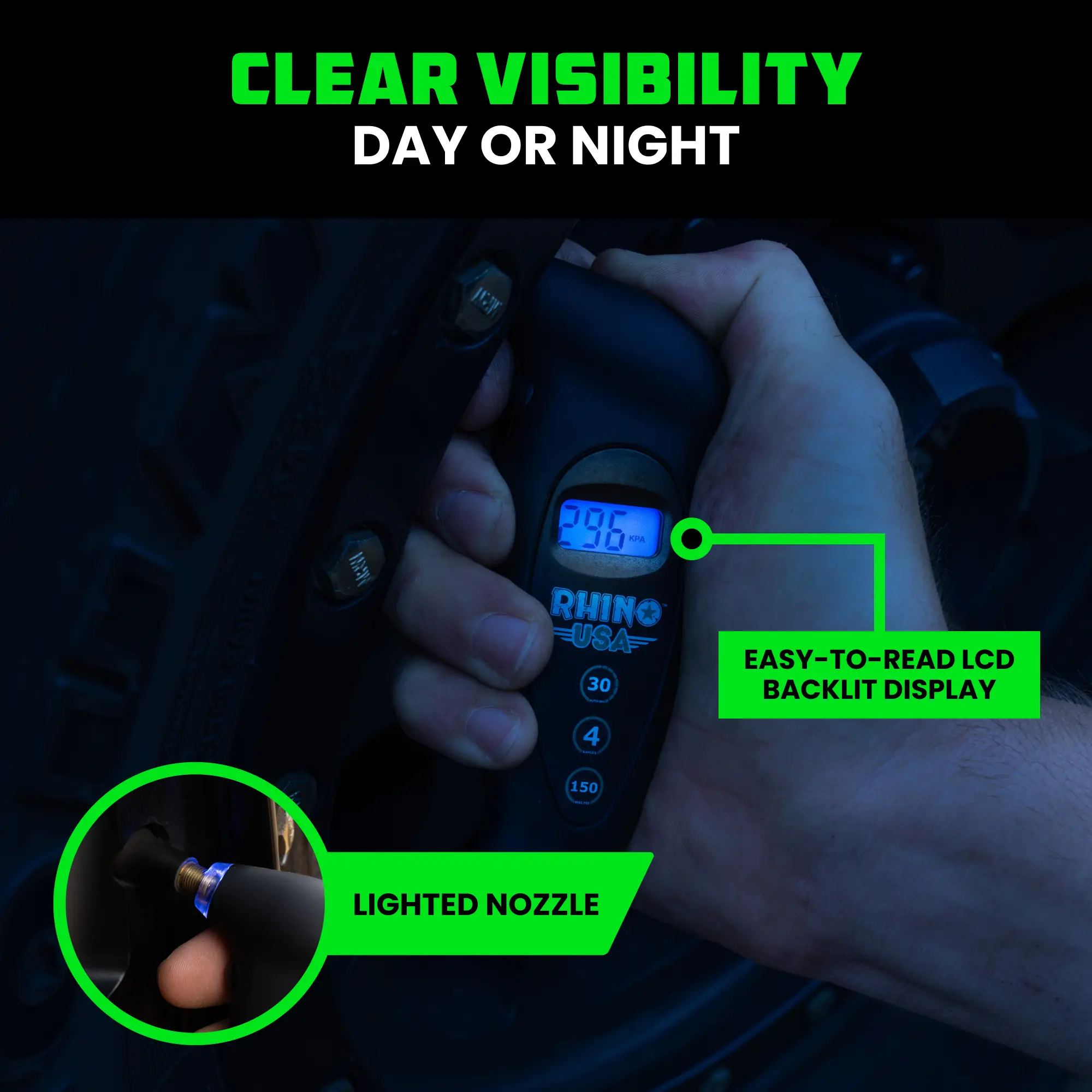 Rhino USA Digital Tire Pressure Gauge 150 PSI, 4 Ranges, Ergonomic Design with Lighted Nozzle & LCD Backlit Display - Certified Accurate Readings