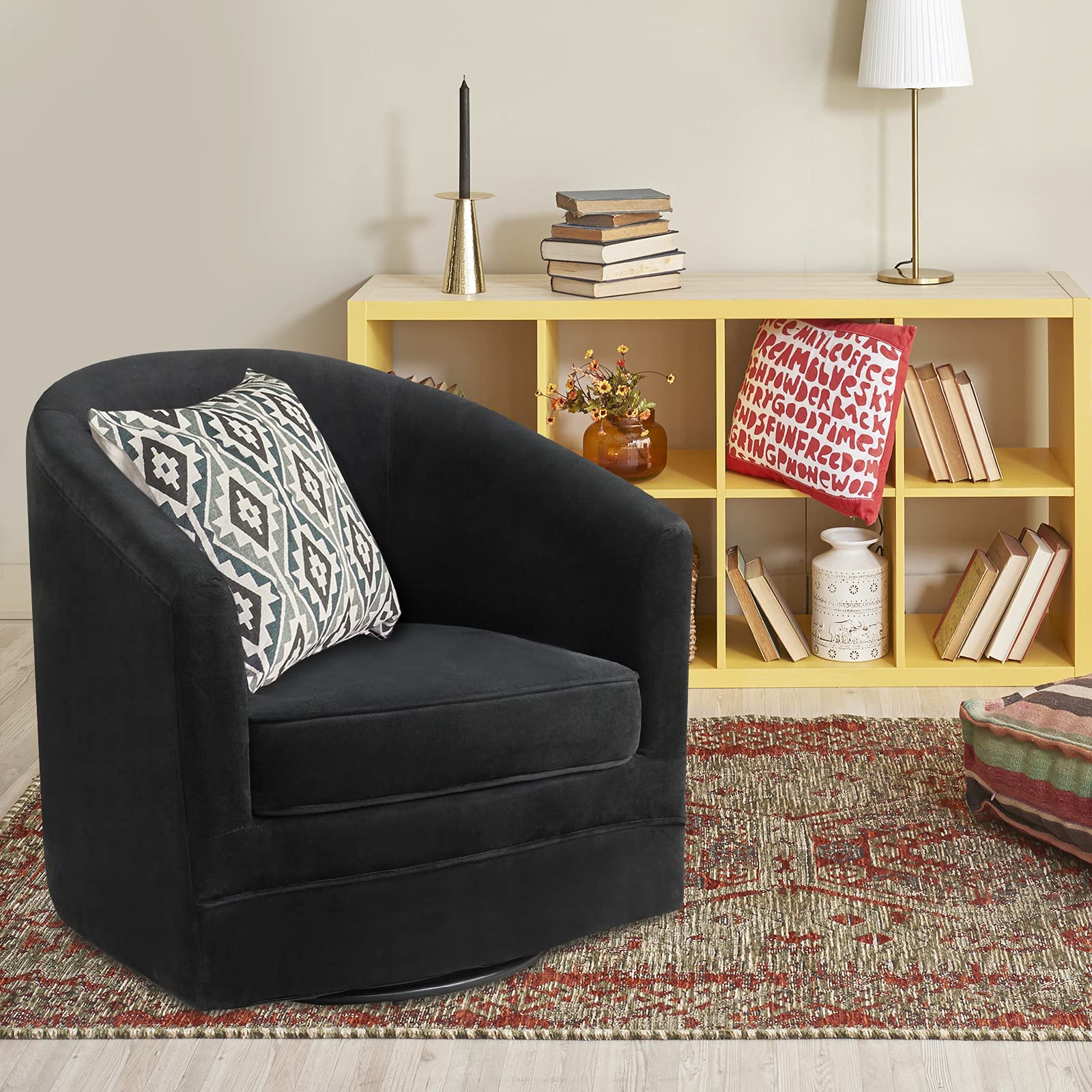 BEFOUNDLOVELY Velvet Round Barrel Chair with 360-Degree Swivel Metal Base, Black
