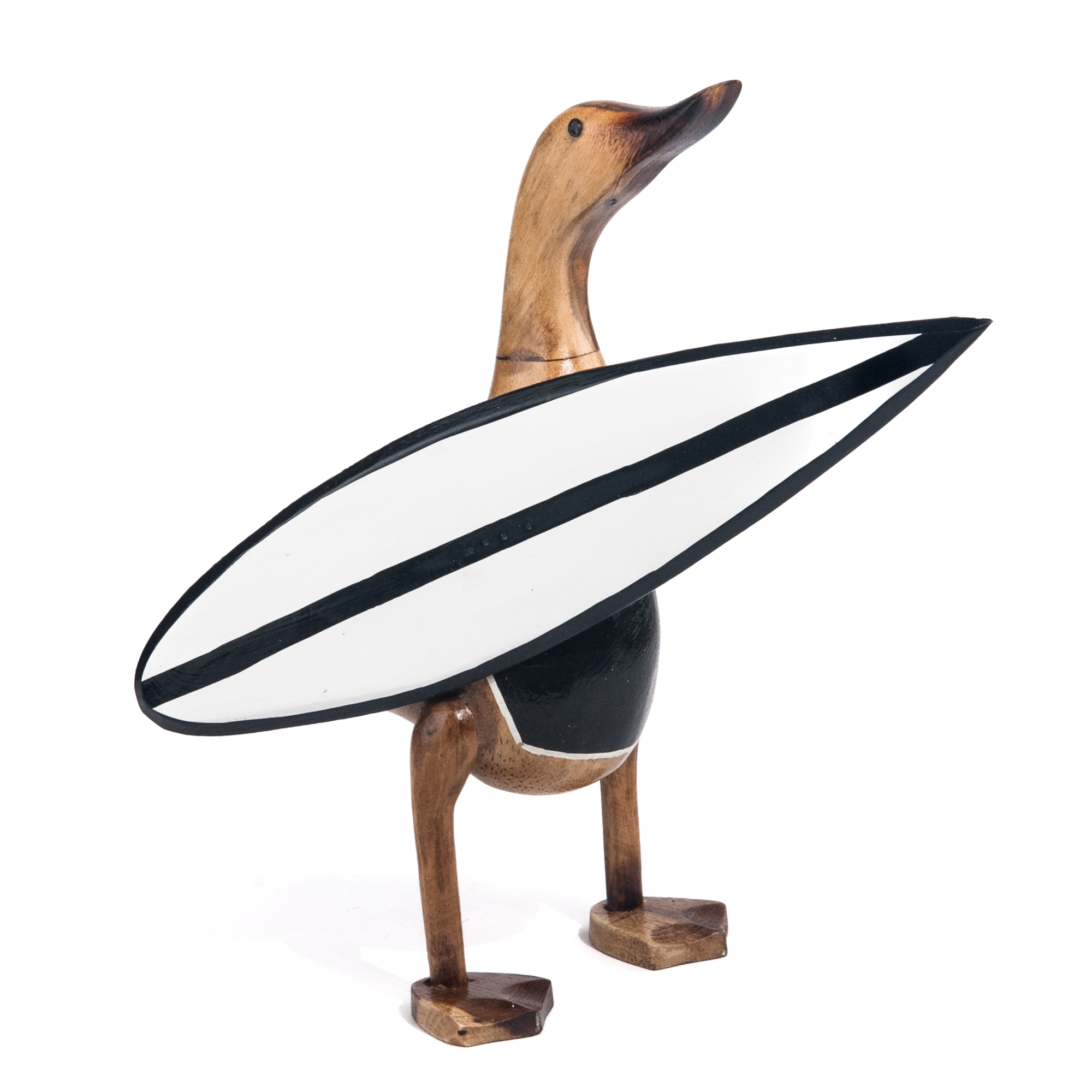 Houten eend surfboard staand
