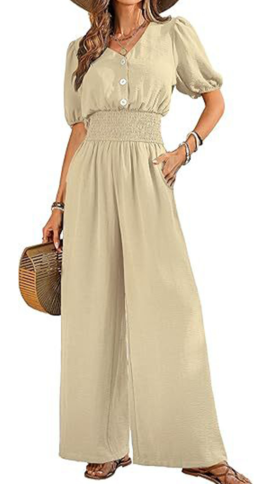Women's V-Neck Jumpsuit with Puff Sleeves, Cinched Waist, and Wide Legs - Nordfashionstorm - Women's Clothing, Fashion for You - Nordfashionstorm.com