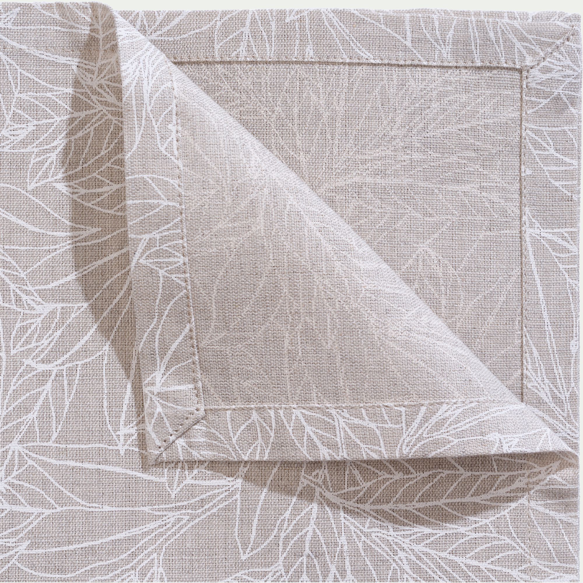 ST REMY - Lot de 4 serviettes motif laurier en lin et coton - beige 41x41cm