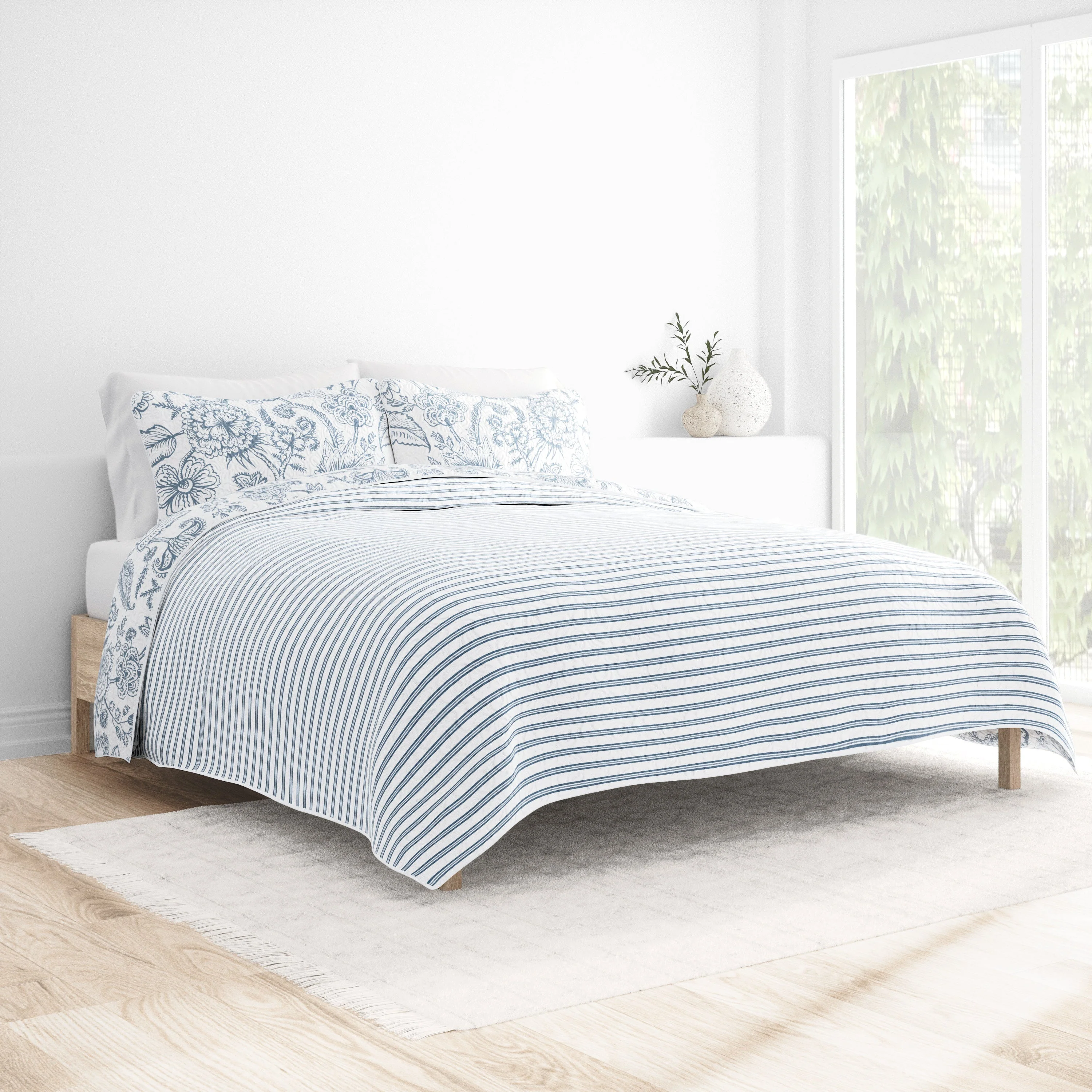 Sale - Jacobean/Stripe Reversible Quilted Coverlet Set