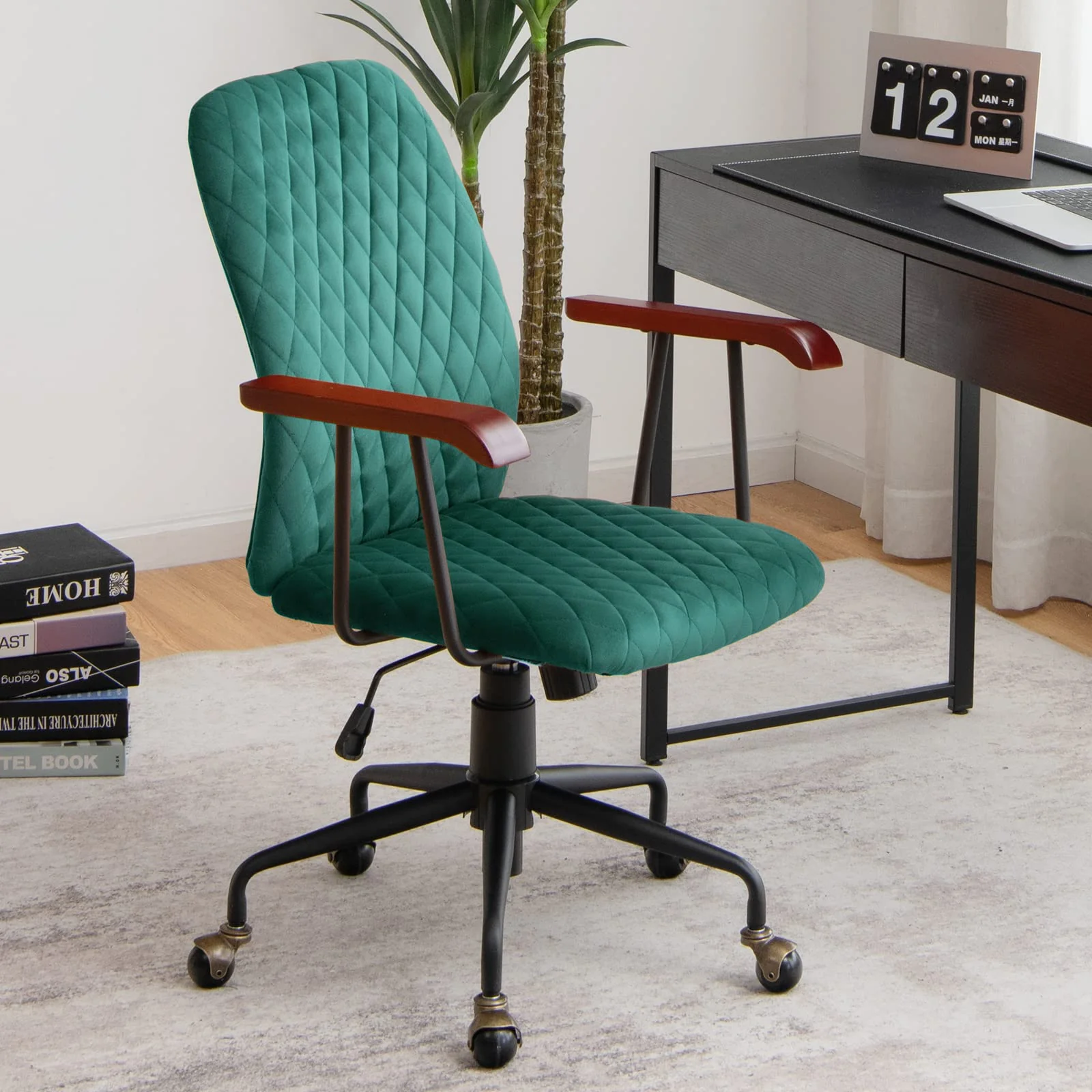 BEFOUNDLOVELY Home Office Desk Chair, Vintage Adjustable Swivel Rolling Chair with Copper Wheels & Armrest