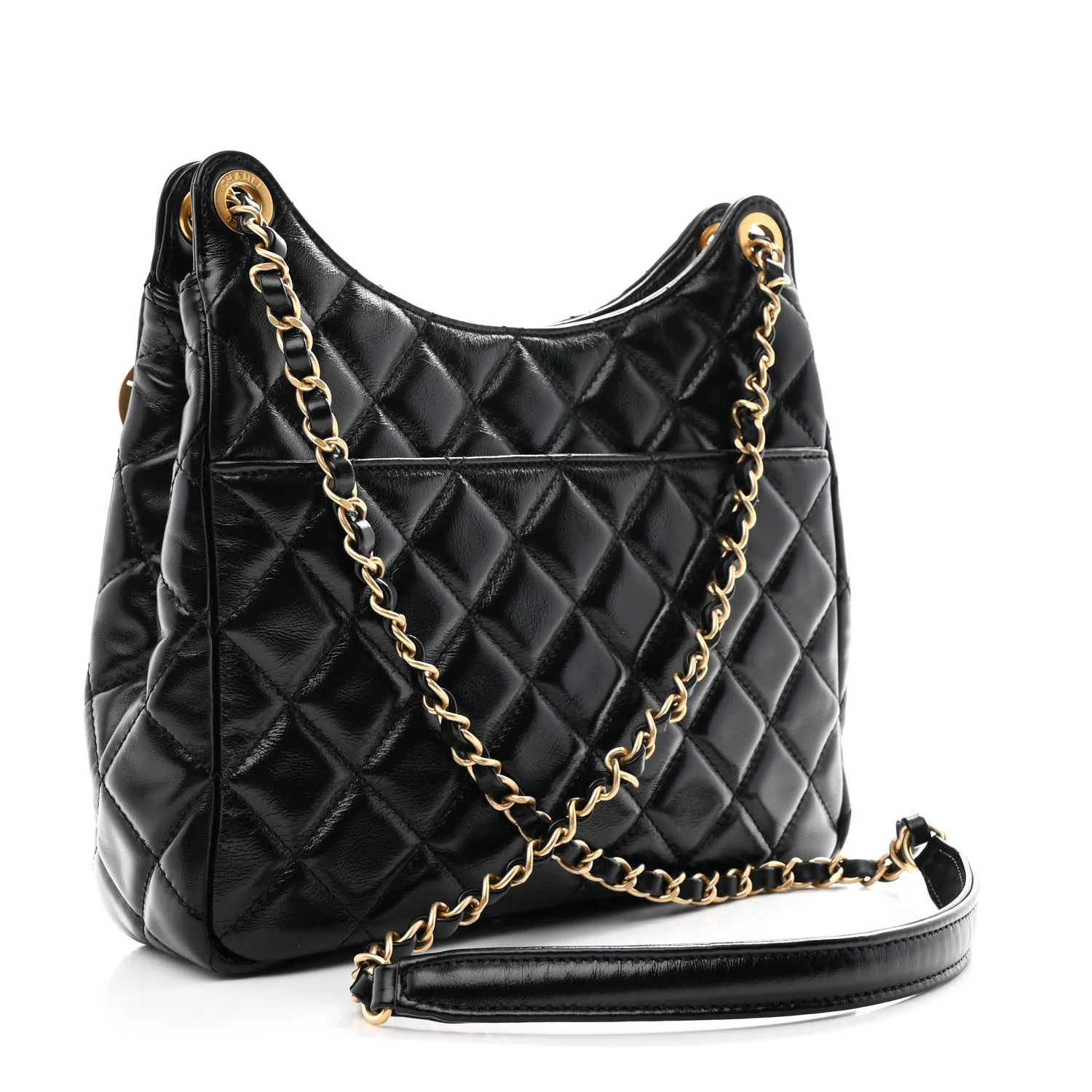 Shiny Crumpled Calfskin Quilted Wavy CC Hobo Black