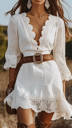 Women's Loose-Fit Linen Dress with Flared Sleeves, V-Neck, and Lace Trim - Nordfashionstorm - Women's Clothing, Fashion for You - Nordfashionstorm.com