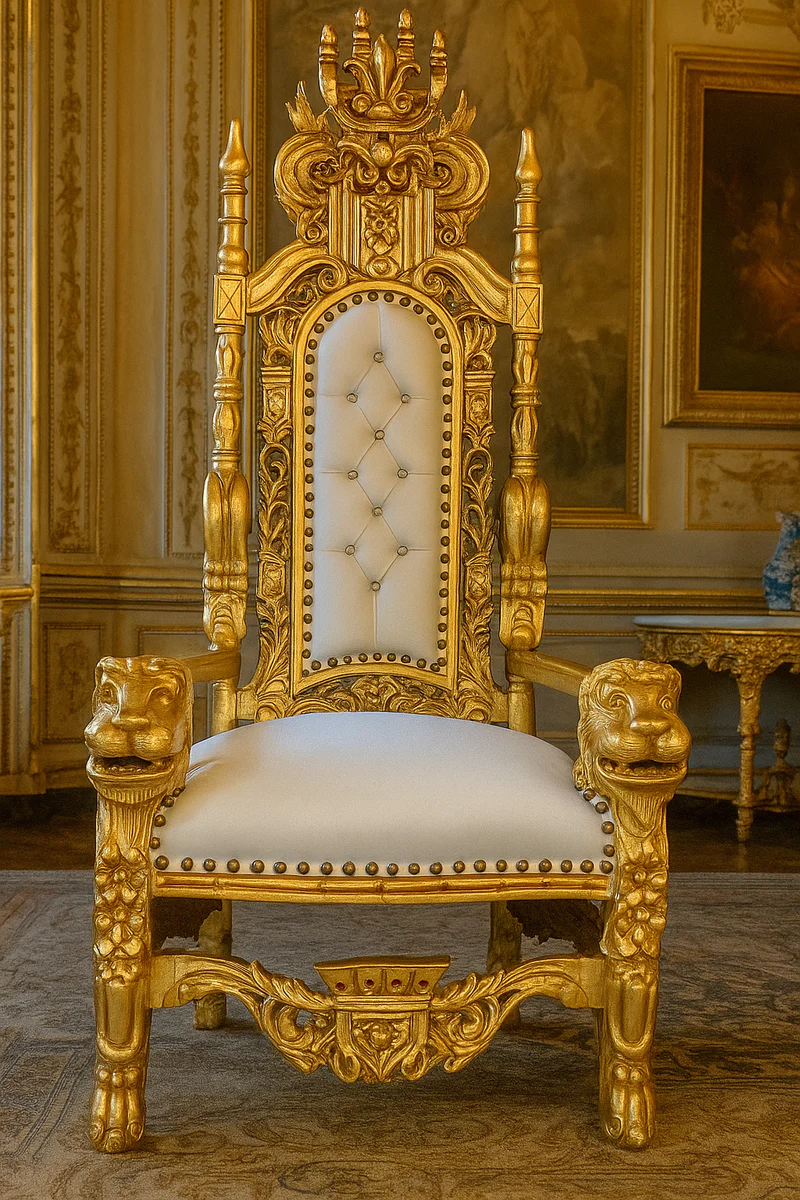 Baroque throne armchair with faux leather and rhinestones white / gold - Handmade royal armchair - Magnificent wedding armchair - Baroque giant armchair - Baroque furniture