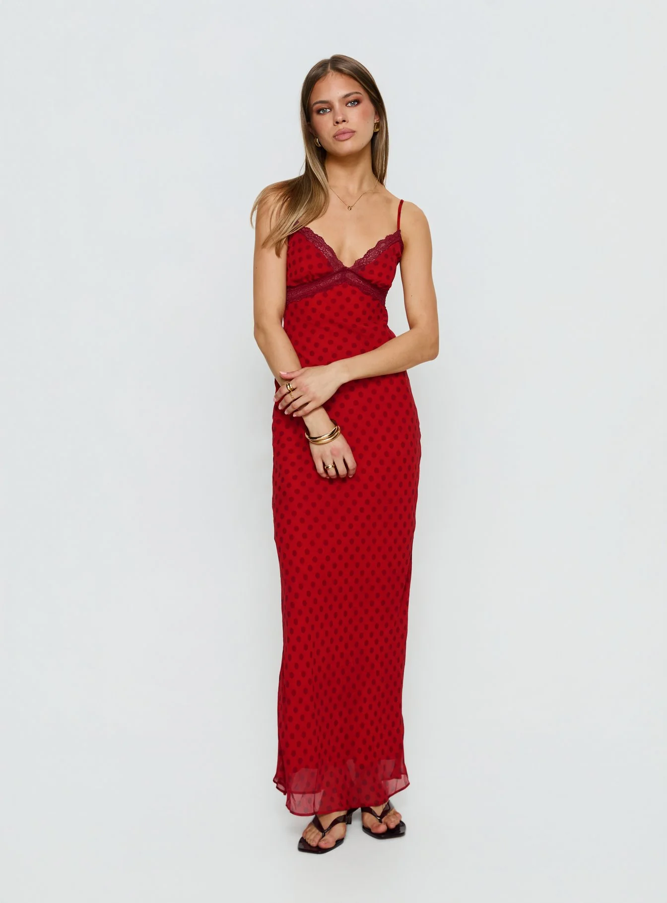 Adasia Lace V Neck Maxi Dress Red Polka Dot