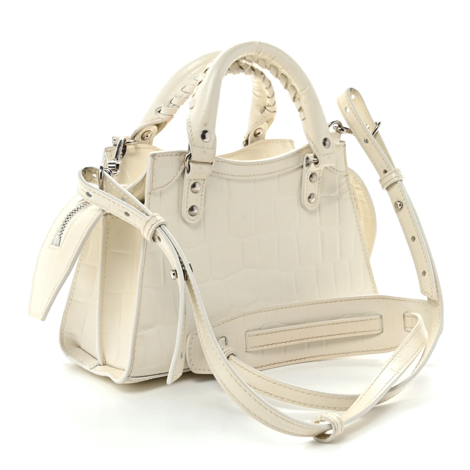 Semi Shiny Calfskin Crocodile Embossed Neo Classic Silver Hardware Nano City Crossbody White - Top Club
