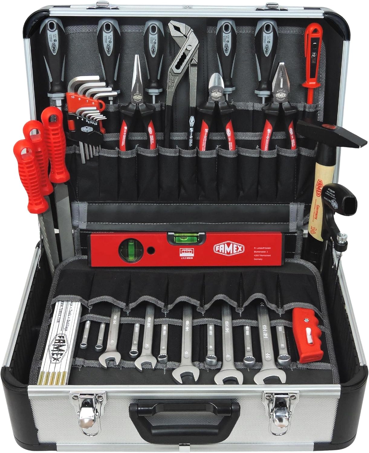 FAMEX 429-88 - Cassetta degli attrezzi professionale in alluminio con set di attrezzi, espandibile, cassetta degli attrezzi riempita, molti strumenti di produzione tedesca