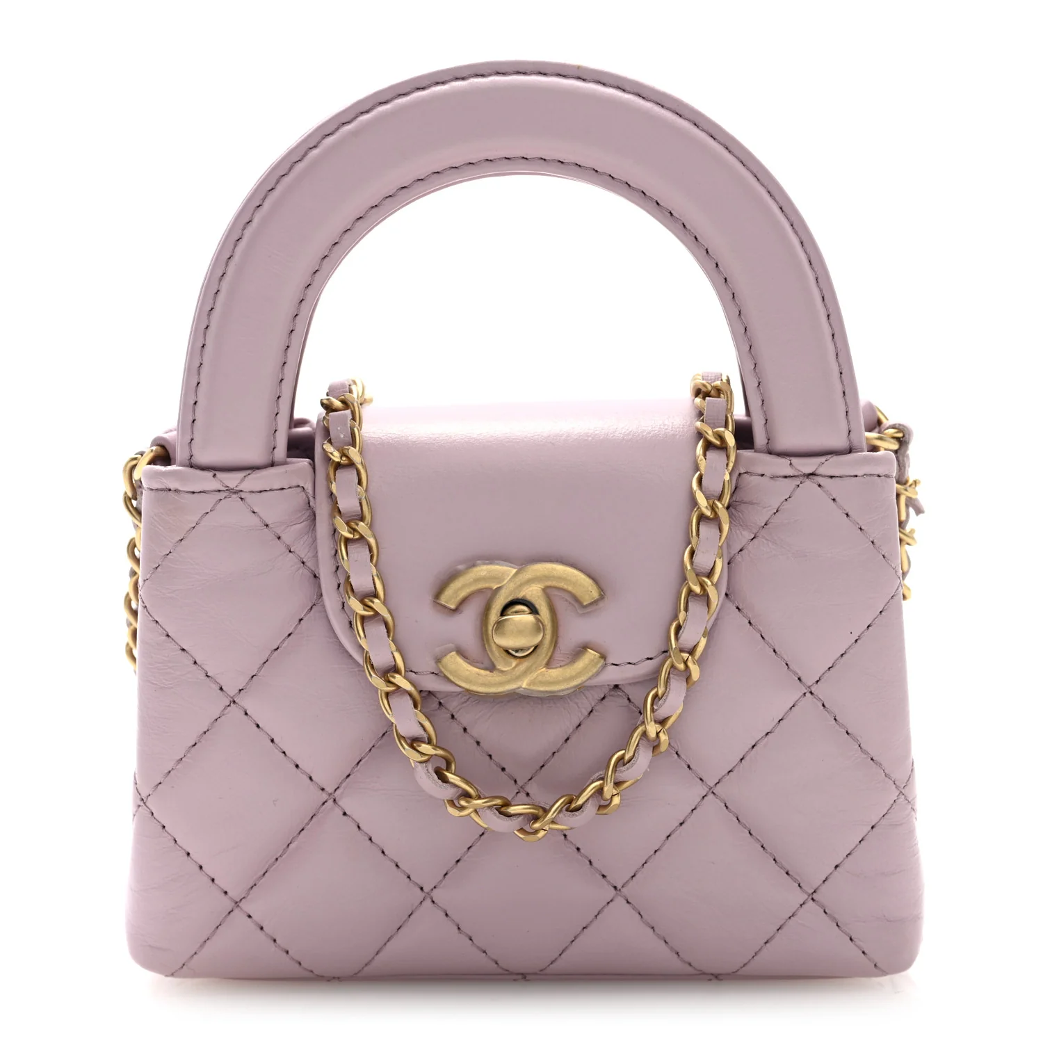 Shiny Aged Calfskin Quilted Mini Nano Kelly Shopper Light Pink - Top Club